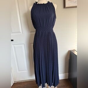 Textured Navy Sleeveless Maxi Dress with Smocked Waist